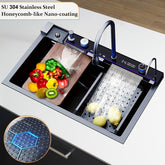 Stainless Steel Modern Farmhouse Workstation Sink - 1 Set Digital Display Waterfall Single Bowl Kitchen Sink with Pull Down Sprayhead Faucet - Drop-In/Undermount, Gray&Golden&Black, Full Set Of Accessories