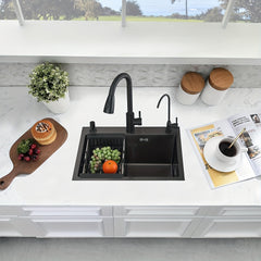1 Set Single Bowl Kitchen Sink, Stainless Steel Classic Style, Nano Black Finish, Rust & Corrosion Resistant, With Faucet, Drainage Basket, Soap Dispenser & Water Pipes