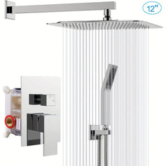 1set Shower System, 8/12/16 Inch Square High Pressure Rain Shower Head, Bathroom Luxury Rainfall Shower System Combo Set with Handheld Sprayer, Wall Mounted Shower Faucet Set, Rough-in Valve Body And Trim, Bathroom Accessories, Chrome