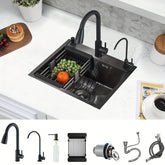 1 Set Single Bowl Kitchen Sink, Stainless Steel Classic Style, Nano Black Finish, Rust & Corrosion Resistant, With Faucet, Drainage Basket, Soap Dispenser & Water Pipes