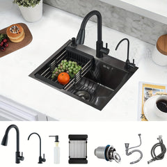 1 Set Single Bowl Kitchen Sink, Stainless Steel Classic Style, Nano Black Finish, Rust & Corrosion Resistant, With Faucet, Drainage Basket, Soap Dispenser & Water Pipes