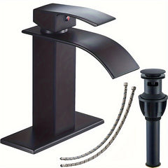 Waterfall Bathroom Faucet Lavatory Single Handle 1 Or 3 Hole Bathroom Sink Faucet Washbasin Faucet With Deck And Pop-up Drain, Matte Black, Brushed Nickel, Chrome, Brushed Golden