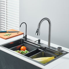 1 Set Gun Gray Digital Display Waterfall Single Bowl Kitchen Sink, Stainless Steel Bar Sink With Pull Down Sprayhead Faucet & Knife Holder, Drop-In/Undermount Farmhouse Workstation Smart Modern Kitchen Sink With Full Set Of Accessories, (30x18x8 In)