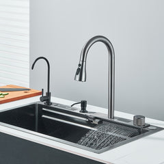 1 Set Gun Gray Digital Display Waterfall Single Bowl Kitchen Sink, Stainless Steel Bar Sink With Pull Down Sprayhead Faucet & Knife Holder, Drop-In/Undermount Farmhouse Workstation Smart Modern Kitchen Sink With Full Set Of Accessories, (30x18x8 In)