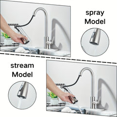 1pc Kitchen Faucet With Pull-Down Spray Single Handle High Arc Commercial Brushed Nickel Kitchen Sink Faucet With Deck Plate, Suitable For Bar Laundry RV Farmhouse (Matte Black&Brushed Nickel)