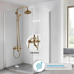 Antique Brass Bathroom Shower Faucet Rain Mixer 8 Inch Round Shower Head Double Cross Handle with Tub Spout Wall Mount Bathroom Shower Fixture 3 Function, Shower Sets For Bathrooms, Antique Brass Shower Head, Shower Mixer, Antique Brass Traditional Shower