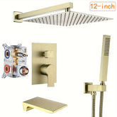 1set Luxury Rainfall Shower System - 12 Inch Square High Pressure Rain Shower Head, Handheld Sprayer & Tub Spout - Brushed Gold Finish - Wall Mounted - For Bathroom Remodeling - Perfect Gift for Homeowners