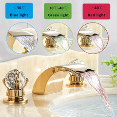 LED Widespread Bathroom Faucet Waterfall Lavatory Faucets Basin Mixer Tap 2 Crystal Knobs 3 Holes Golden Polished Chrome Brushed Nickel Oil Rubbed Bronze 3 Hole 8 Inch with Light Deck Mount Vanity Sink Fixtures Faucet, Bathroom Vanity Faucet, Golden Fauce