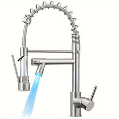 Commercial LED Backlit High-Arc Kitchen Faucet with 360° Swivel Spring Pull-Down Sprayer, Single Handle Hot & Cold Mixer Tap, Matte Black & Brushed Nickel Finish, Valve Core & US G9/16 Threads for RV, Home, Balcony, Rv Sink Fixture, Sleek Modern Faucet, H