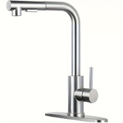 1pc Brushed Nickel Kitchen Faucet with Pull-Down Sprayer - Single Handle Water-Saving Commercial Faucet for 1-Hole Sink, Deck Mount with Brass G9/16 Threads, Valve Core - Ideal for Bar, RV, Laundry, Outdoor Use, Bar Sink Accessory, Contemporary Design