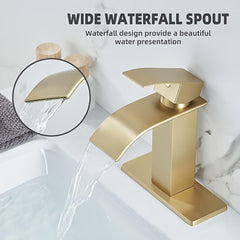 Bathroom Faucet Brushed Golden Modern Waterfall Bathroom Sink Faucet With Single Handle Suitable For 1 Or 3 Holes, With Pop Up Drain Supply Deck Plate And Hose Deck Mounted