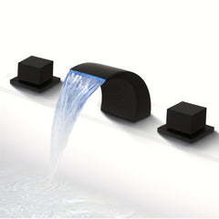 LED 8" Widespread Bathroom Faucet Waterfall Lavatory Faucets Basin Mixer Tap, 2 Crystal Knobs 3 Holes Polished Chrome Brushed Nickel Matte Black, 3 Hole 8 Inch with Light Deck Mount Vanity Sink Fixtures Faucet, Widespread Tap, Contemporary Design, Valve C