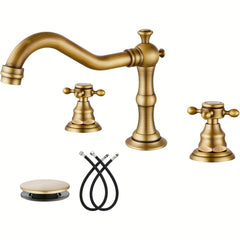 8 Inch Widespread Bathroom Sink Faucet - Antique Brass & Oil Rubbed Bronze, 2-Handle (Hot/Cold) Deck Mount Vanity Faucet with Overflow, Heavy-Duty Commercial/Residential Use, 3-Hole Installation (Hardware Included) - Valve Mixer, Bathroom Faucet, Faucet F