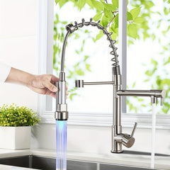1pc Kitchen Faucet With Pull Down Sprayer LED Light, High Arc Kitchen Faucets - 304 Stainless Steel - Single Hole - For Bar Sink & RV - Modern & Stylish Kitchen Sink Faucet - Perfect Gift for Homeowners