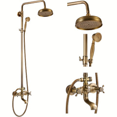 Antique Brass Bathroom Shower Faucet Rain Mixer 8 Inch Round Shower Head Double Cross Handle with Tub Spout Wall Mount Bathroom Shower Fixture 3 Function, Shower Sets For Bathrooms, Antique Brass Shower Head, Shower Mixer, Antique Brass Traditional Shower