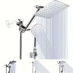 YAGATAP High-Pressure Rainfall Shower Head/Handheld Combo with 11 Inch Extension Arm, 3 Settings Adjustable Anti-Leak Shower Head, Height & Angle Adjustment, Stainless Steel, Square Shape, Polished Finish, Diverter Control, Wall-Mounted for Bathroom, Mode