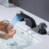 LED Widespread Bathroom Faucet Waterfall Lavatory Faucets Basin Mixer Tap 2 Crystal Knobs 3 Holes Golden Polished Chrome Brushed Nickel Oil Rubbed Bronze 3 Hole 8 Inch with Light Deck Mount Vanity Sink Fixtures Faucet, Bathroom Vanity Faucet, Golden Fauce