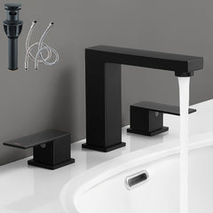 8 Inch 2 Handles 3 Holes Widespread Modern Bathroom Sink Faucet Vanity Basin Mixer Tap Faucet with Pop Up Drain, Matte Black And Brushed Golden, Easy Installation, Water Saving Foaming Device, Ceramic Valve, 3-Hole Mount, for Home Restroom Sink Decor