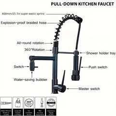 1pc Commercial-Grade Matte Black Kitchen Faucet with Pull-Down Sprayer - Single Handle High Pressure Brass Sink Faucet, Dual Spray Heads, Water-Saving Valve, Deck Plate Included, Kitchen Sink Faucet with Sprayer, Deck Plate Installation, Higharc Spout