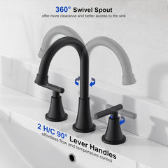 Matte Black 2 Handle Centerset Lead-Free Modern Bathroom Faucet, 360 Swivel Spout 3 Hole RV Bathroom Vanity Sink Faucet With Pop Up Drain And Water Supply Lines
