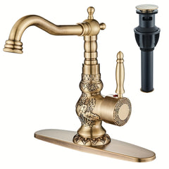 Antique Brass Centerset Lead-Free Modern Bathroom Vessel Faucet, Swivel Spout Single Handle Single Hole RV Bathroom Vanity Sink Faucet With Pop Up Drain With Overflow, 10" Deck Plate, Hot And Cold Water Supply Lines