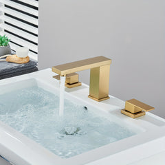 8 Inch 2 Handles 3 Holes Widespread Modern Bathroom Sink Faucet Vanity Basin Mixer Tap Faucet with Pop Up Drain, Matte Black And Brushed Golden, Easy Installation, Water Saving Foaming Device, Ceramic Valve, 3-Hole Mount, for Home Restroom Sink Decor