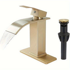 Waterfall Bathroom Faucet Lavatory Single Handle 1 Or 3 Hole Bathroom Sink Faucet Washbasin Faucet With Deck And Pop-up Drain, Matte Black, Brushed Nickel, Chrome, Brushed Golden