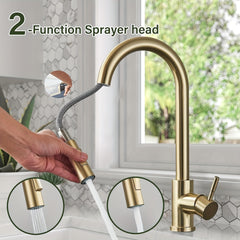 1pc Commercial-Grade Modern High-Arc Single Handle Kitchen Faucet with Pull-Down Sprayer, 360° Telescopic Splash-Proof Nozzle, Water-Saving Ceramic Valve & Brushed Golden/Matte Black Finish, Single Hole Installation, US Standard G9/16 Threads, High Arc Sp