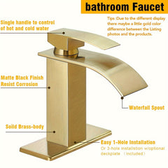 Bathroom Faucet Waterfall Bathroom Sink Faucet Single Hole 1 Or 3 Hole Mixer Tap Bathroom Vanity Faucet Farmhouse RV Bathroom Sink Faucet Set with 6" Deck Plate Deck Mount, Brushed Golden&Matte Black&Brushed Nickel&Chrome