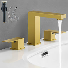 8 Inch 2 Handles 3 Holes Widespread Modern Bathroom Sink Faucet Vanity Basin Mixer Tap Faucet with Pop Up Drain, Matte Black And Brushed Golden, Easy Installation, Water Saving Foaming Device, Ceramic Valve, 3-Hole Mount, for Home Restroom Sink Decor