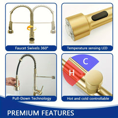 1 Set Modern Kitchen Faucet with Spring LED Pull Down Sprayer, 360° Rotation, Hot & Cold Water Mixer Sink Tap for Home & Balcony, Single Handle One Hole Commercial Kitchen Sink Faucet with Deck Plate, High Arc, Polished Golden