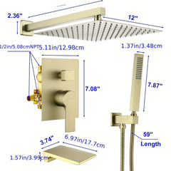 1set Luxury Rainfall Shower System - 12 Inch Square High Pressure Rain Shower Head, Handheld Sprayer & Tub Spout - Brushed Gold Finish - Wall Mounted - For Bathroom Remodeling - Perfect Gift for Homeowners