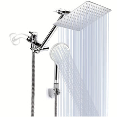YAGATAP High-Pressure Rainfall Shower Head/Handheld Combo with 11 Inch Extension Arm, 3 Settings Adjustable Anti-Leak Shower Head, Height & Angle Adjustment, Stainless Steel, Square Shape, Polished Finish, Diverter Control, Wall-Mounted for Bathroom, Mode