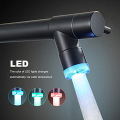 Commercial LED Backlit High-Arc Kitchen Faucet with 360° Swivel Spring Pull-Down Sprayer, Single Handle Hot & Cold Mixer Tap, Matte Black & Brushed Nickel Finish, Valve Core & US G9/16 Threads for RV, Home, Balcony, Rv Sink Fixture, Sleek Modern Faucet, H