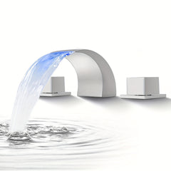 LED 8" Widespread Bathroom Faucet Waterfall Lavatory Faucets Basin Mixer Tap, 2 Crystal Knobs 3 Holes Polished Chrome Brushed Nickel Matte Black, 3 Hole 8 Inch with Light Deck Mount Vanity Sink Fixtures Faucet, Widespread Tap, Contemporary Design, Valve C