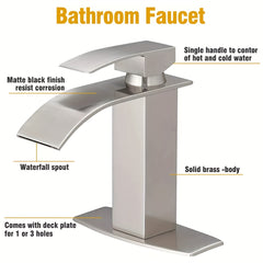 Bathroom Sink Faucet Waterfall Single Hole Or Three Holes Mixer Tap Bathroom Farmhouse RV Vanity Faucet With Pop Up Drain Stopper Assembly Water Supply Hose & 6" Deck Plate Deck Mounted, Perfect For Home Decor & Gifts, Christmas & Halloween Gift