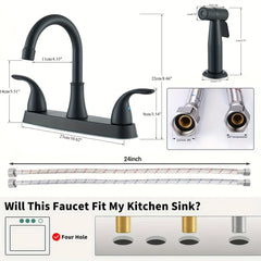 1pc 8 Inch Two-Handle Modern Kitchen Sink Faucet with Side Sprayer - High-Arc Spout, Matte Black Finish, 3-Hole or 4-Hole Installation, Water-Saving Design for RV & Household Sinks, Deck Mount, No Electricity Needed, Kitchen Sink Faucet, Rv Sink Upgrade,