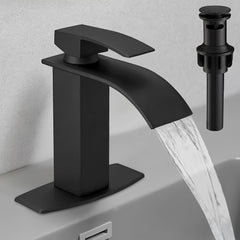 Waterfall Bathroom Faucet Lavatory Single Handle 1 Or 3 Hole Bathroom Sink Faucet Washbasin Faucet With Deck And Pop-up Drain, Matte Black, Brushed Nickel, Chrome, Brushed Golden