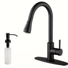 High Arc Kitchen Faucet with Pull-Down Sprayer & Soap Dispenser - Single Handle Sink Faucet, Matte Black/Brushed Nickel Finish, Valve, Deck Plate - Heavy-Duty for Kitchen, RV, Laundry, Utility Sink - Easy Installation with Included Connections, Kitchen Si