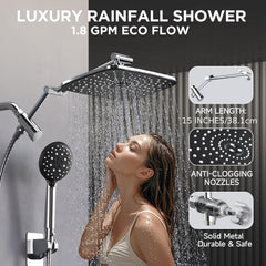 High Pressure 11.8 Inch Rain Shower Head Combo with Extension Arm- Wide Showerhead with 6 Handheld Water Spray - Adjustable Dual Showerhead with Anti-Clog Nozzles - Silvery Chrome, High Pressure Shower Head And Hose Set, Shower Head Rainfall Adjustable, D