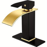 Polish Golden Spout And Matte Black, Bathroom Sink Faucet Waterfall Single Hole Or Three Holes Mixer Tap, Bathroom Farmhouse RV Faucet With Water Supply Hose & 6" Deck Plate, Lavatory Vanity Faucet Commercial With Pop Up Drain Deck Mounted