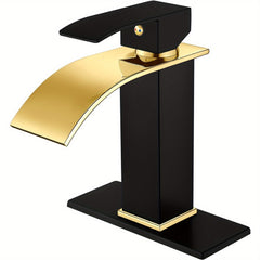 Polish Golden Spout And Matte Black, Bathroom Sink Faucet Waterfall Single Hole Or Three Holes Mixer Tap, Bathroom Farmhouse RV Faucet With Water Supply Hose & 6" Deck Plate, Lavatory Vanity Faucet Commercial With Pop Up Drain Deck Mounted