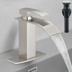 Bathroom Sink Faucet Waterfall Single Hole Or Three Holes Mixer Tap Bathroom Farmhouse RV Vanity Faucet With Pop Up Drain Stopper Assembly Water Supply Hose & 6" Deck Plate Deck Mounted, Perfect For Home Decor & Gifts, Christmas & Halloween Gift