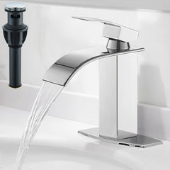 Waterfall Bathroom Faucet Lavatory Single Handle 1 Or 3 Hole Bathroom Sink Faucet Washbasin Faucet With Deck And Pop-up Drain, Matte Black, Brushed Nickel, Chrome, Brushed Golden
