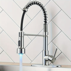 1pc Modern High Arc Kitchen Faucet with LED Light Pull-Down Sprayer, Single Handle, Brushed Nickel Finish, 10" Deck Plate, Water-Powered LED Lighting (No Wiring Needed), for Kitchen Island, Bar, RV Sink - Compatible with US Plumbing Pipes, Kitchen Sink Fa