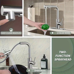 1pc Brushed Nickel Kitchen Faucet with Pull-Down Sprayer - Single Handle Water-Saving Commercial Faucet for 1-Hole Sink, Deck Mount with Brass G9/16 Threads, Valve Core - Ideal for Bar, RV, Laundry, Outdoor Use, Bar Sink Accessory, Contemporary Design