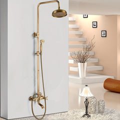 Antique Brass Bathroom Shower Faucet Rain Mixer 8 Inch Round Shower Head Double Cross Handle with Tub Spout Wall Mount Bathroom Shower Fixture 3 Function, Shower Sets For Bathrooms, Antique Brass Shower Head, Shower Mixer, Antique Brass Traditional Shower