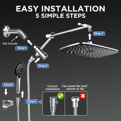 High Pressure 11.8 Inch Rain Shower Head Combo with Extension Arm- Wide Showerhead with 6 Handheld Water Spray - Adjustable Dual Showerhead with Anti-Clog Nozzles - Silvery Chrome, High Pressure Shower Head And Hose Set, Shower Head Rainfall Adjustable, D