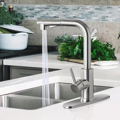 1pc Brushed Nickel Kitchen Faucet with Pull-Down Sprayer - Single Handle Water-Saving Commercial Faucet for 1-Hole Sink, Deck Mount with Brass G9/16 Threads, Valve Core - Ideal for Bar, RV, Laundry, Outdoor Use, Bar Sink Accessory, Contemporary Design