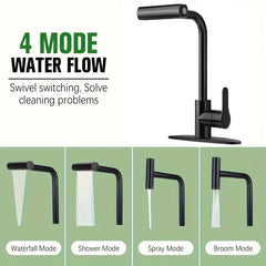 1pc Modern Pull-Out Kitchen Faucet with Hot & Cold Mixer, Adjustable Stretch Spout, 4-in-1 Water Modes (Waterfall/Bubble/Scrub/Pull-Out), Lead-Free Valve, Water-Saving Design, Rotating Spout for Full Coverage, Durable Painted Finish, Deck Mount for Kitche